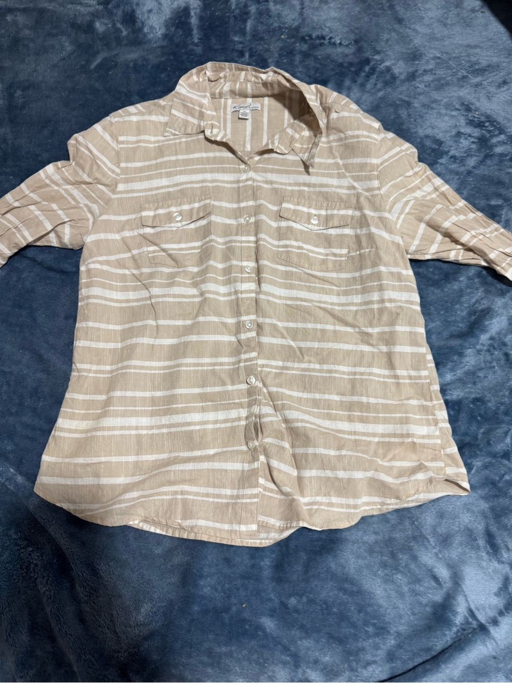 Men's Beige Striped Button-Up Shirt - Casual Short Sleeve